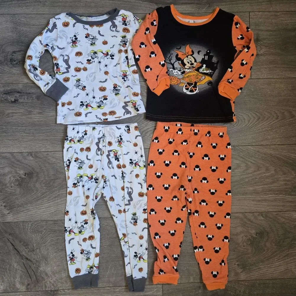 Disney Toddler 3T Halloween Pajamas 4pc Mickey Minnie Mouse Pumpkin Cotton PJs